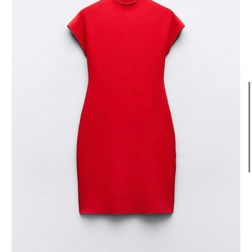 Zara Red stretch knit  Mini Dress with Mock Neck